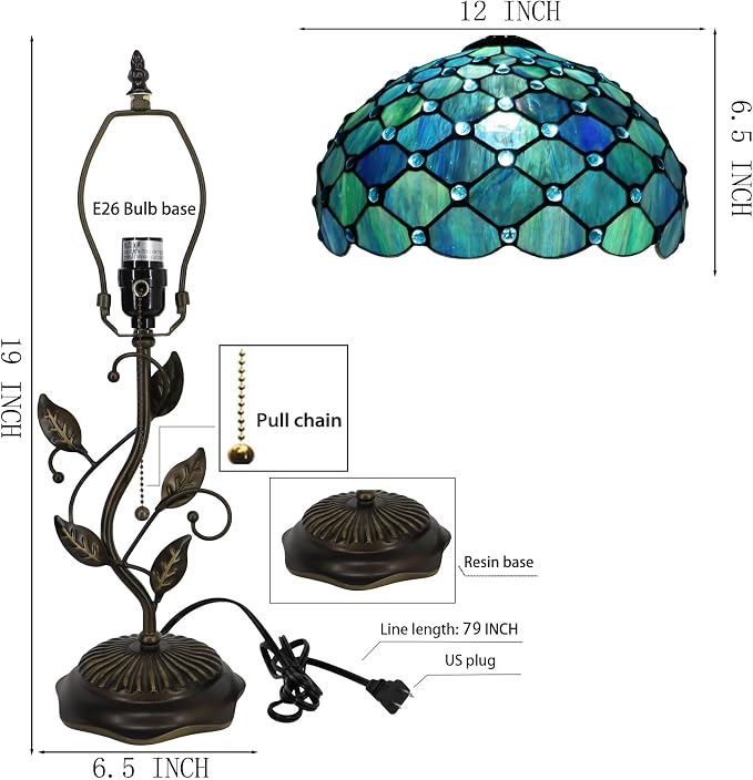 Tiffany Table Lamp Stained Glass Bedside Reading Light W12H19 inch