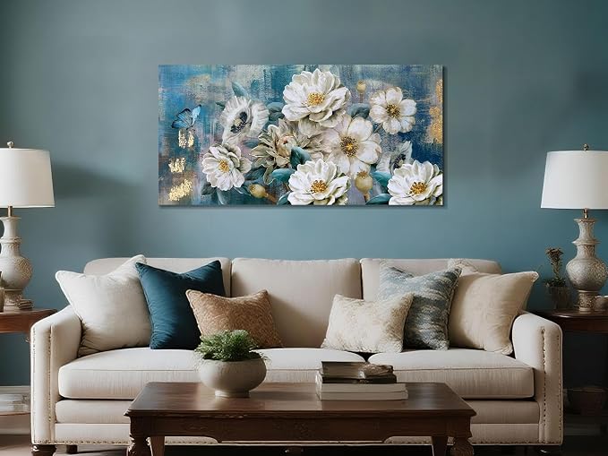 Arjun Flower Canvas Wall Art for Bedroom White Elegant Teal Picture, Textured Floral Magnolia Aesthetic Painting Living Room Wall Decor Turquoise Large Artwork Dining Room Home Office 40"x20"