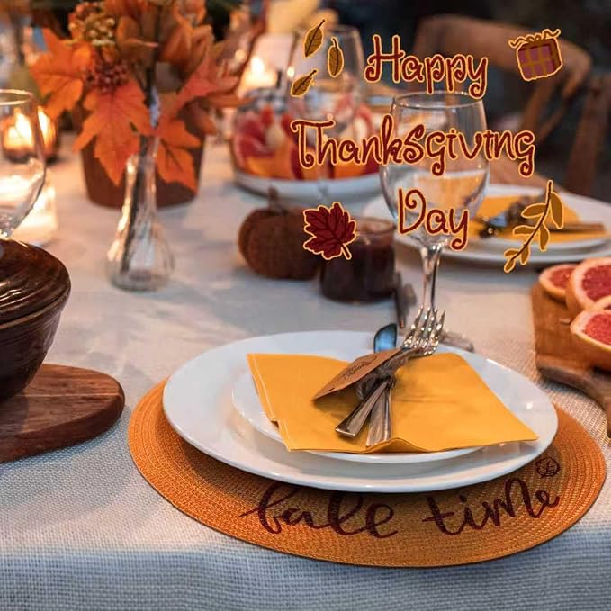 FunWheat Round Placemats Set of 6 Table Mats for Thanksgiving Tables Washable Non-Slip Place mats 15 Inch for Fall(Orange Fall,6pcs)