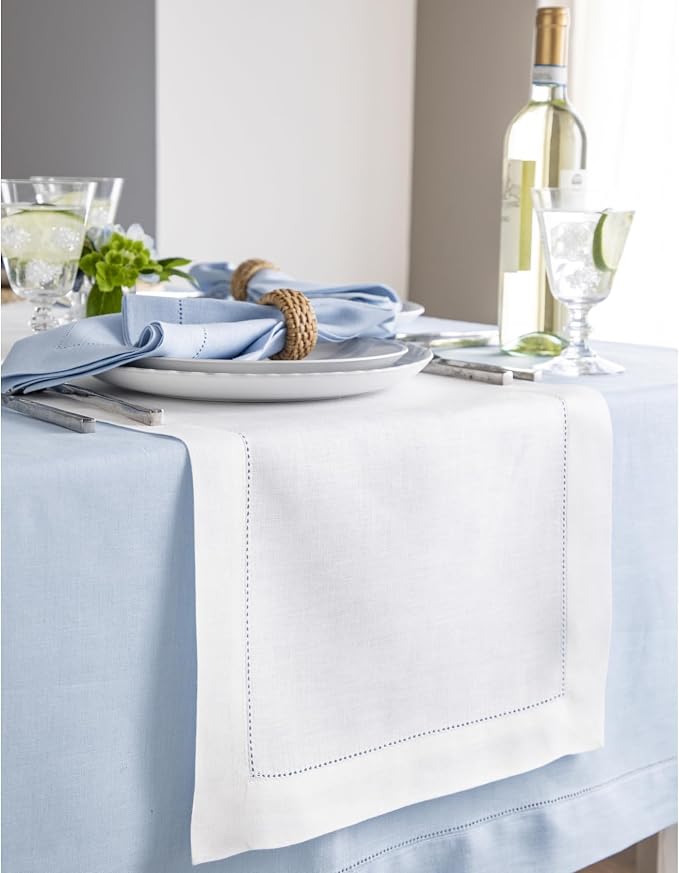 Solino Home 100% Linen Table Runner White, Classic Hemstitch 14 x 144 in | dresses up dining tables for everyday meals, hemstitched border, mitered corners, machine washable, soft, OEKO-TEX Certified