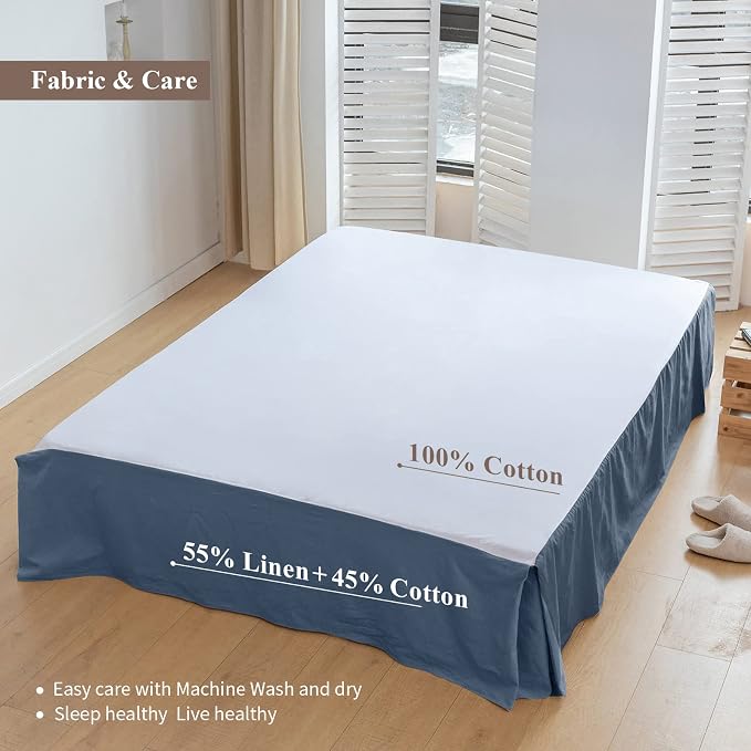 BISELINA French Linen Bed Skirt with Pleated Corner 14-Inch Tailored Drop Natural Flax Cotton Blend Basic Dust Ruffle Soft Cozy Farmhouse Bedding (14" King, Basic Navy Blue)