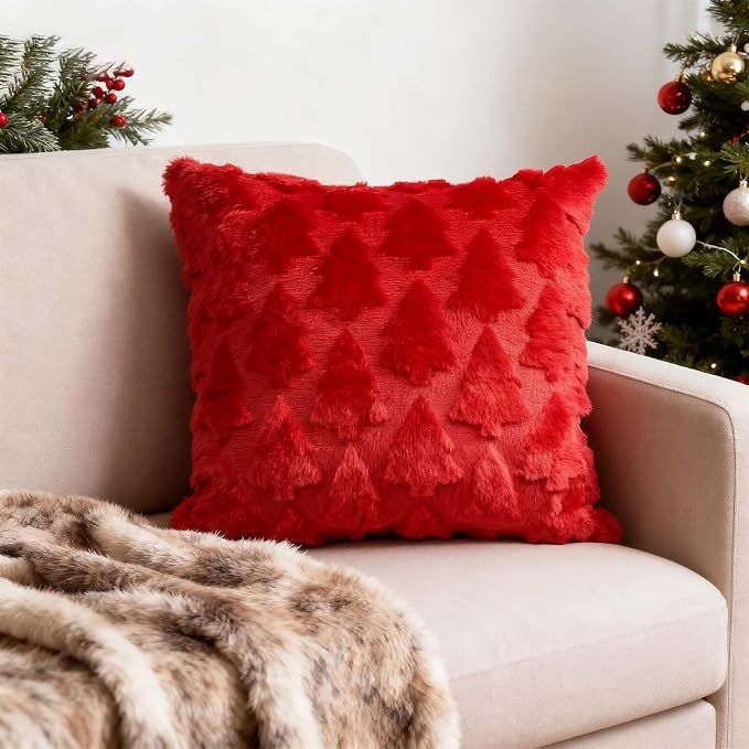ONFAON Christmas Decorations - Christmas Pillow Covers 18x18 Inch Set of 2 Christmas Tree Decorative Red Soft Plush Faux Fur Throw Pillows Winter Holiday Decor Throw Cushion Case for Home Couch