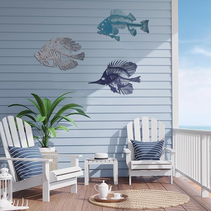 Zhengmy 3 Pcs Metal Fish Wall Art Fishing Wall Decor Hanging Metal Fish Bone Rustic Nautical Style Sign Plaque for Indoor Outdoor Office Home Bedroom Bathroom Living Room Window(Various Color)