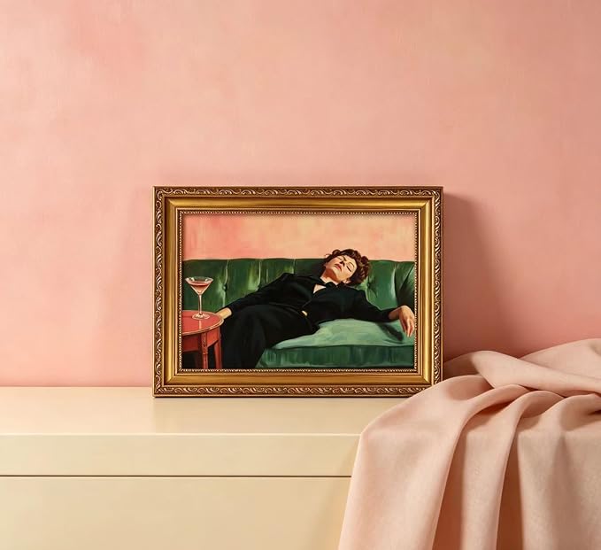 Vintage Gold Framed Bar Wall Art, Victorian Woman and Man on Couch with Martini Oil Painting Canvas Prints, Eclectic Cocktail Picture, Trendy Bar Cart Decor Poster Artwork for Kitchen Dining Room
