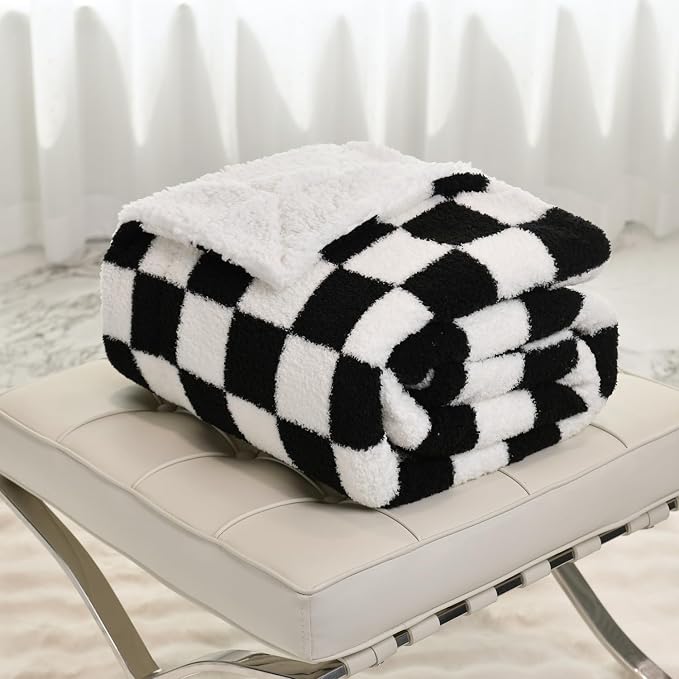 MERRYLIFE Checkered Sherpa Throw Blanket for Couch Bed Black White 60" 70" | Decorative, Knitted, Checkerboard Grid Pattern, Ultra-Plush Soft, Fuzzy Cozy, Widely Use, Gift Choice, Machine Wash