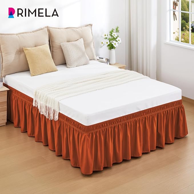 Orange Yellow Bed Skirt Queen 15" Drop, Elastic Wrap Around Bedskirt | Solid Ruffled, Easy to Use, No Mattress Lifting, Wrinkle & Fade Resistant, with Adhesive Strips, Machine Wash/Dry/Iron