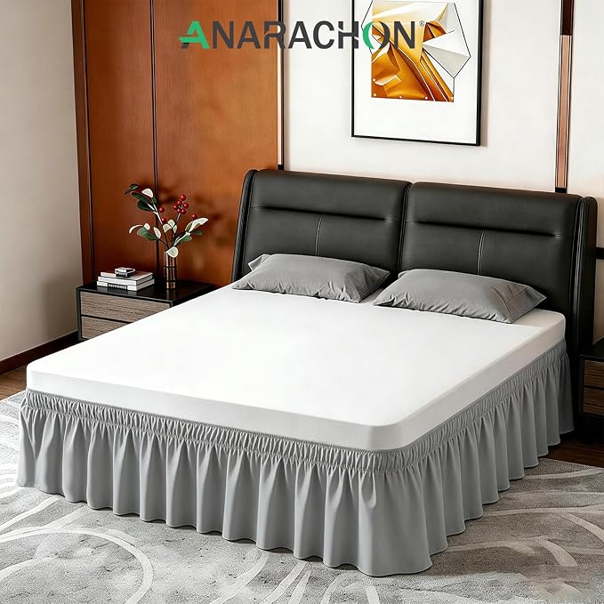 ANARACHON Full Bed Skirt, Elastic Wrap Around Bed Skirt Full Size, Bed Skirts for Adjustable Bed, Easy Fit with 14" Drop Length Tailored Drop Dust Ruffle (Grey)