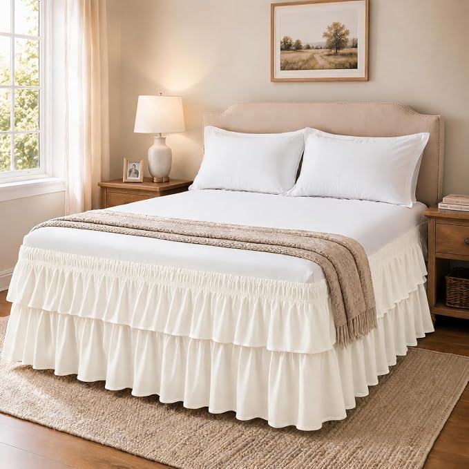 Cream Queen Bed Skirt 14 Inch Drop Double Layer Dust Ruffle