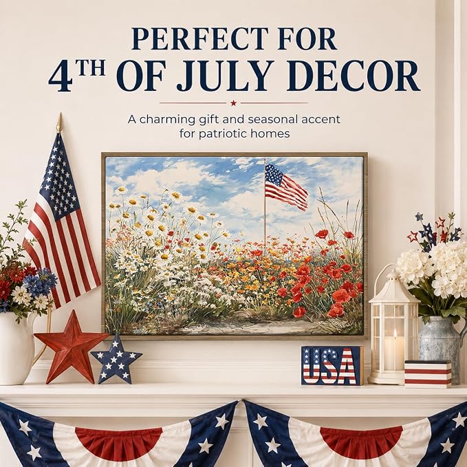 American Flag Framed Canvas Wall Art, 4th of July Patriotic Canvas Prints | Wildflower Landscape Poster Print, Vintage Rustic Independence Day Wall Decor for Bedroom Living Room Office 12×16in