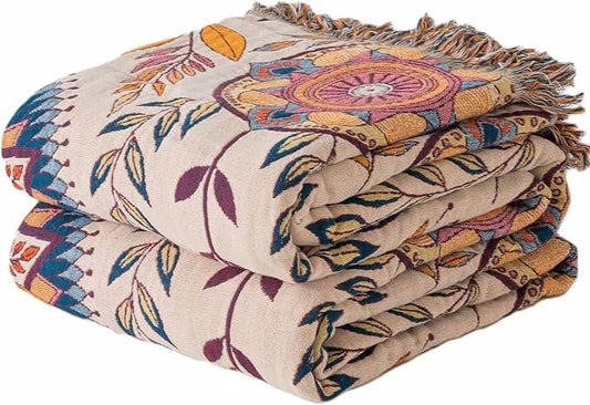 Phuryllic Boho Throw Blanket Twin Size, Soft Cozy Cotton Muslin Quilt Blanket for Bed Decor, Floral Patterned Couch Sofa Chair Cover, Vintage Farmhouse Cottage Tapestry Woven Blanket, Beige&Blue