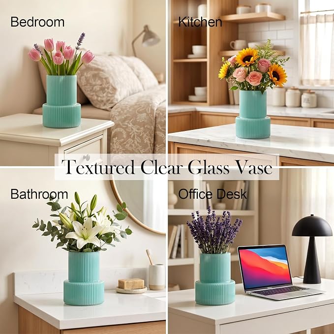 Green Ribbed Glass Vase, Modern Design Flower Vase | Home Decor for Living Room, Dining Table, Entryway, Office, Wedding Centerpieces
