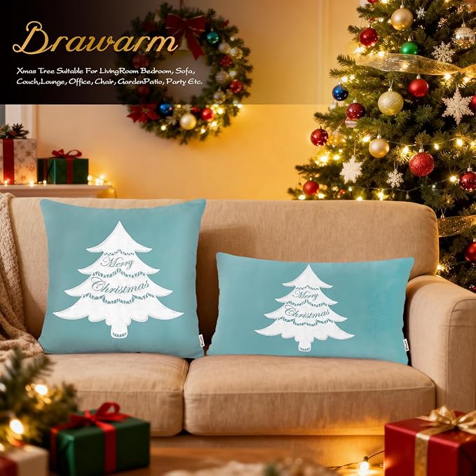 BRAWARM Christmas Pillow Cover 12 X 20 Inches, Teal Christmas Tree Embroidered Lumbar Pillow Cover, Soft Velvet Decorative Throw Pillow for Couch Bed Sofa Living Room Home