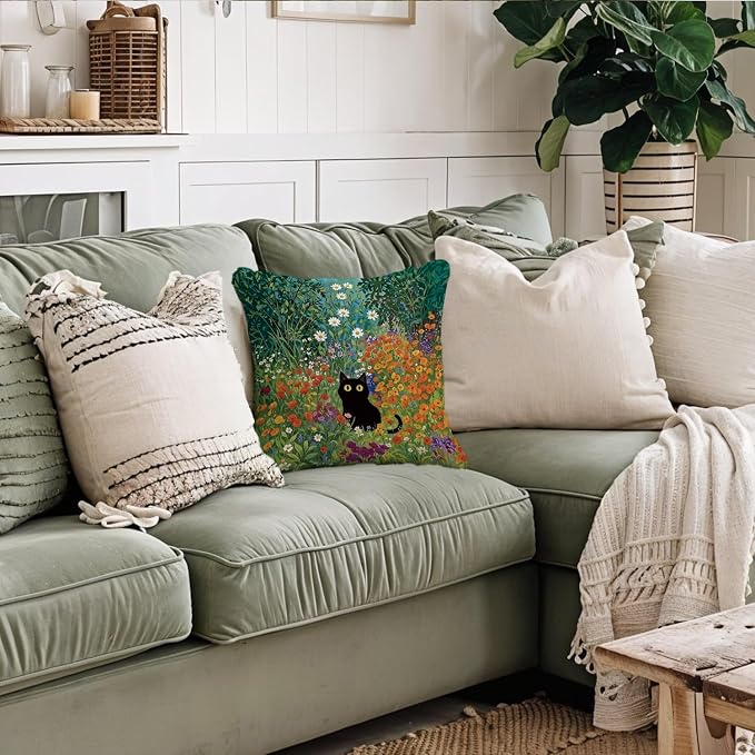 William Morris Flower Black Cat Pillow Covers 18x18, Floral Cats Decorative Pillow Covers for Home Bedroom Living Room Office Decor, Cat Lovers Mom Grandma Gifts for Mother's Day