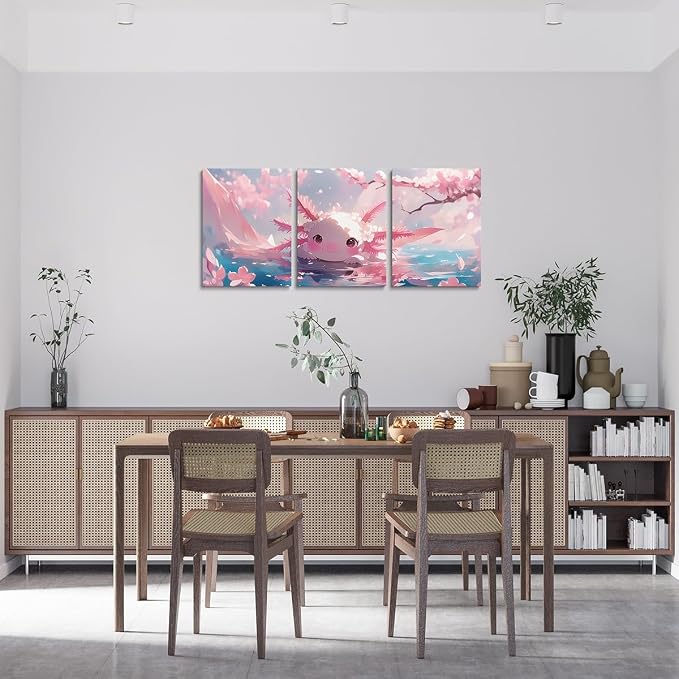 Feelyou Kids Cute Axolotl Wall Painting Posters and Prints Ocean Canvas Wall Art for Living Room Bedroom Kawaii Sealife Picture Wall Decor Boys Girls Cherry Blossoms Bathroom Wall Art 12"x16"x 3Pcs