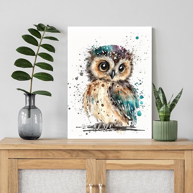 C8BUSIS Cute Owl Canvas Wall Art Watercolor Abstract Animal Prints Splash-ink Bird Pictures Modern Framed Artwork for Bedroom Living Room Kitchen Bathroom Office Farmhouse Wall Decor, 12"x16"