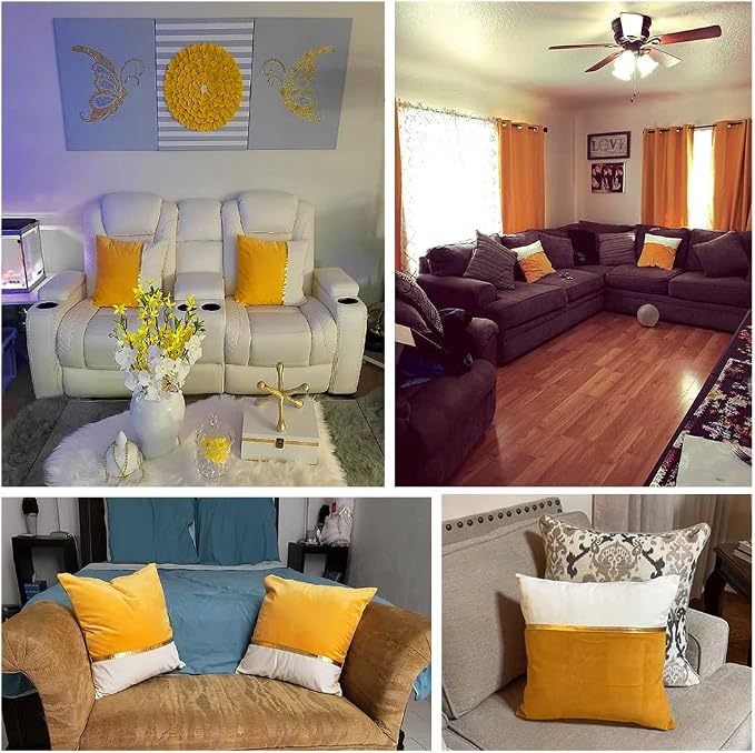 Fancy Homi 2 Packs Yellow Decorative Throw Pillow Covers 18x18 Inch for Living Room Couch Bed, Yellow and White Velvet Patchwork with Gold Leather, Luxury Modern Accent Square Cushion Case 45x45 cm