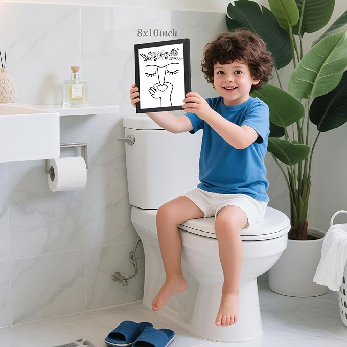 LLEEMPI Funny Pinching Nose Bathroom Wall Art, 8x10 Wood Framed Print | Black and white minimalist line art with playful bathroom humor for restroom, office or hallway; a unique housewarming gift.