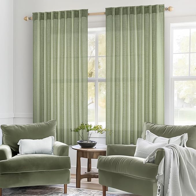MIULEE Sage Green Linen Curtains 52x54 Inch Length 2 Panels for Bedroom | Living Room,Soft Thick Linen Textured Short Window Drapes,Semi Sheer Light Filtering,Back Tab Rod Pocket, Burlap Look Decor