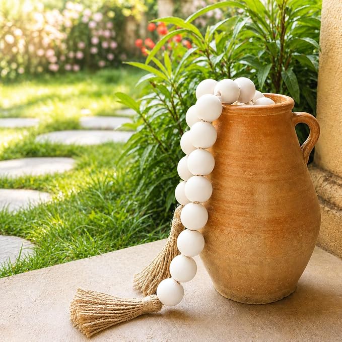 OMISHE 50" Long Extra Large Wood Bead Garland with 1.6" Diameter Wooden Beads and Tassels, Rustic Farmhouse Country Decorative Beads for Home Tiered Tray Decor, White