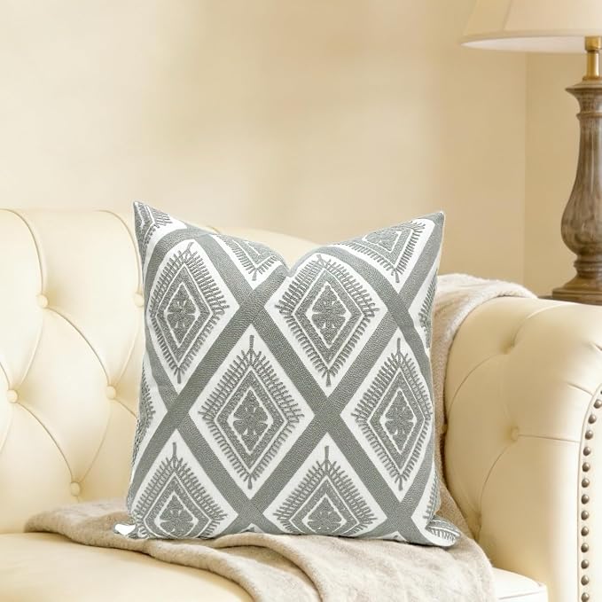 Slow Cow Embroidery Throw Pillow Cover Decorative Cushion Cover 20 x 20 Inch Grey