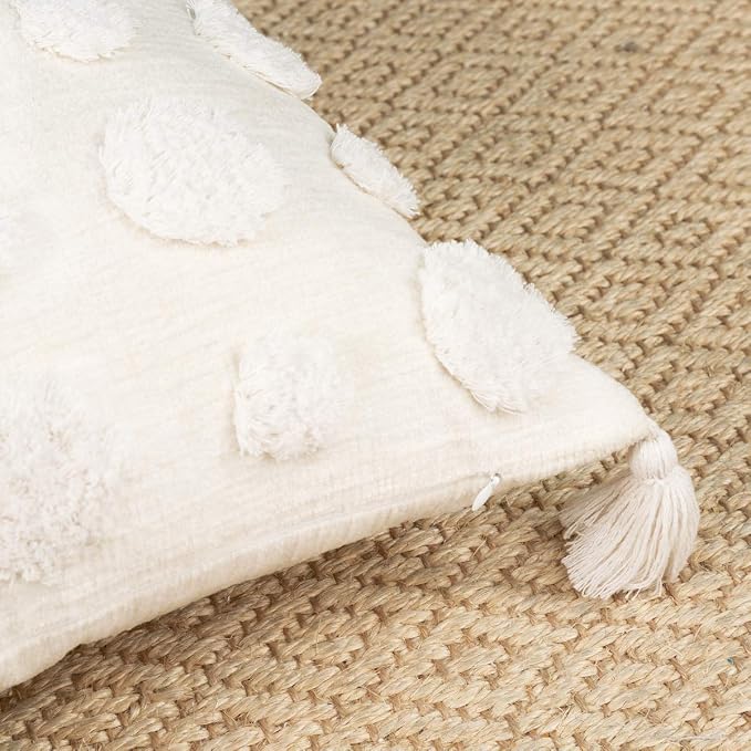 PLWORLD Boho White Pillow Cover 20x20, Tufted Chenille Cushion Case with Pom Poms & Tassels, 1PC Cover Only, No Insert