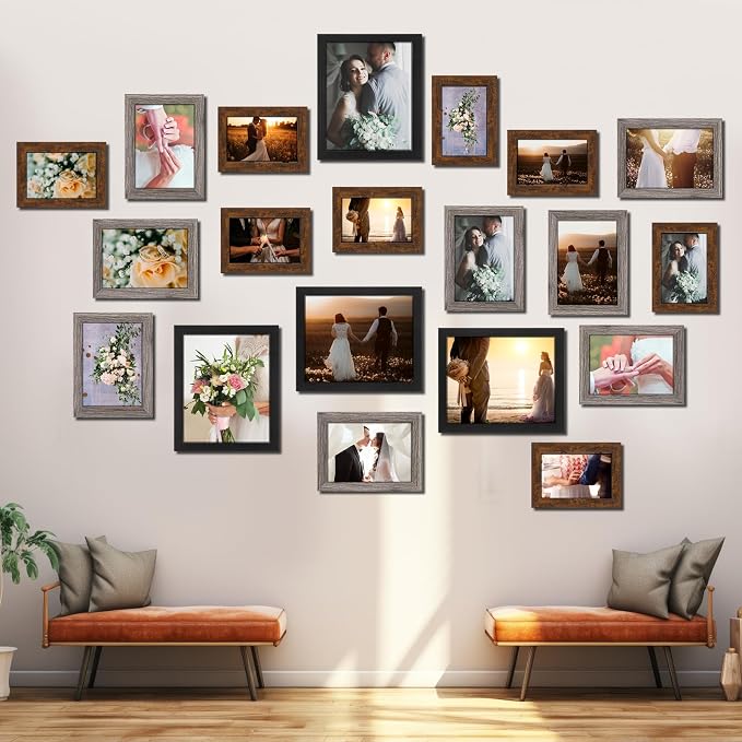20 Pcs Gallery Wall Frames Set Rustic Picture Frames Collage Assorted Photo Wall Decor Pack for Hanging or Tabletop Display Multi Sizes with 8 x 10, 5 x 7, 4 x 6 (Stylish Color)
