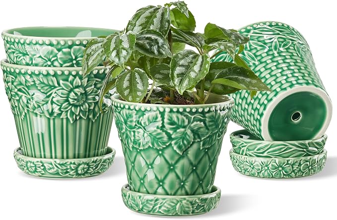 Metahom 4.9 Inch Ceramic Pots for Plants, Flower Pots Set of 4, Green Color