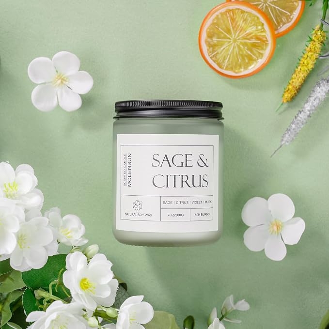 Molensun Sage Citrus Scented Candle, Soy Wax 7 oz | Fresh sage and citrus aromatherapy fragrance; 50H burn long-lasting jar candle; Gift for women