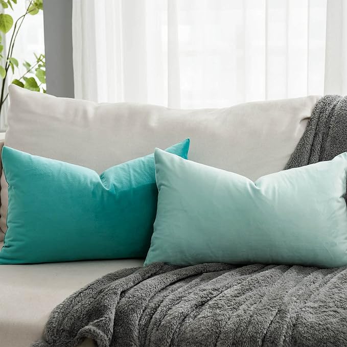 Turquoise Decorative Lumbar Velvet Throw Pillow Covers 12x20 inch Set of 2 with Zipper Luxury Soft Solid Rectangle Cushion Covers Case for Sofa Couch Bed Living Room