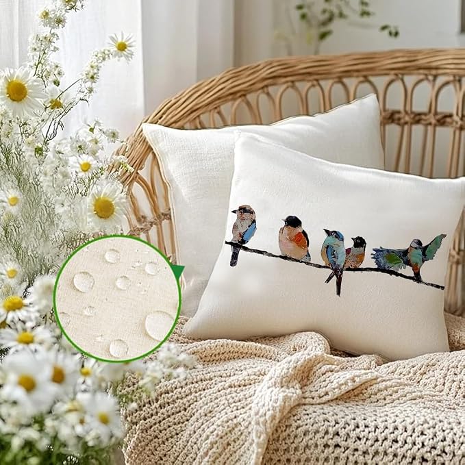 RABUSOFA Outdoor Pillow Covers 24x24 Inch,Outdoor Bird Lumbar Throw Pillow Cases Small Decorative Pillows for Couch Patio Furniture Polyester Linen Teal Blue Waterproof
