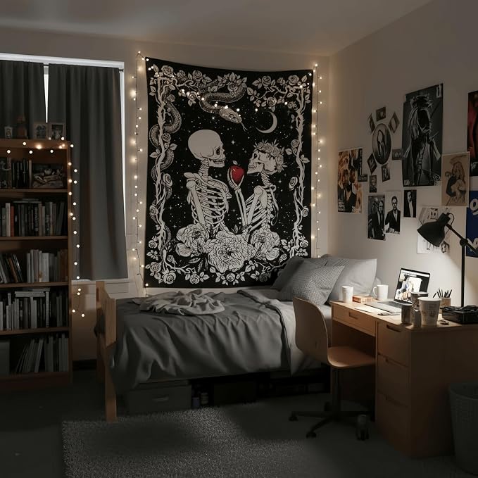 Accnicc Skeleton Lovers Tapestry Gothic Skull Vertical Tapestries Wall Hanging Black and White Floral Plant Snake Horror Large Tapestry for Bedroom Living Room Dorm 80 x 60 inch