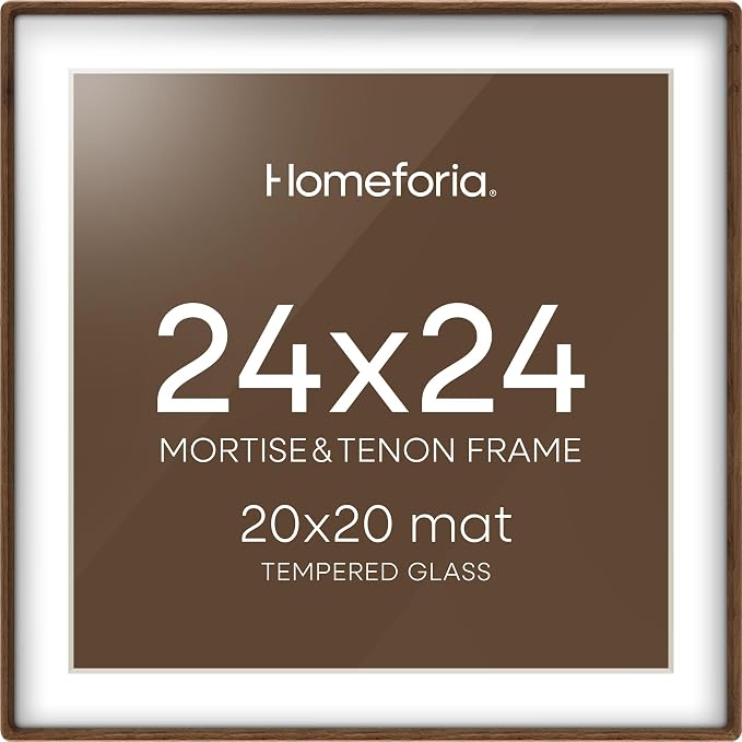 Homeforia 24x24 Mortise&Tenon Walnut Picture Frame, 20x20 Mat, Glass