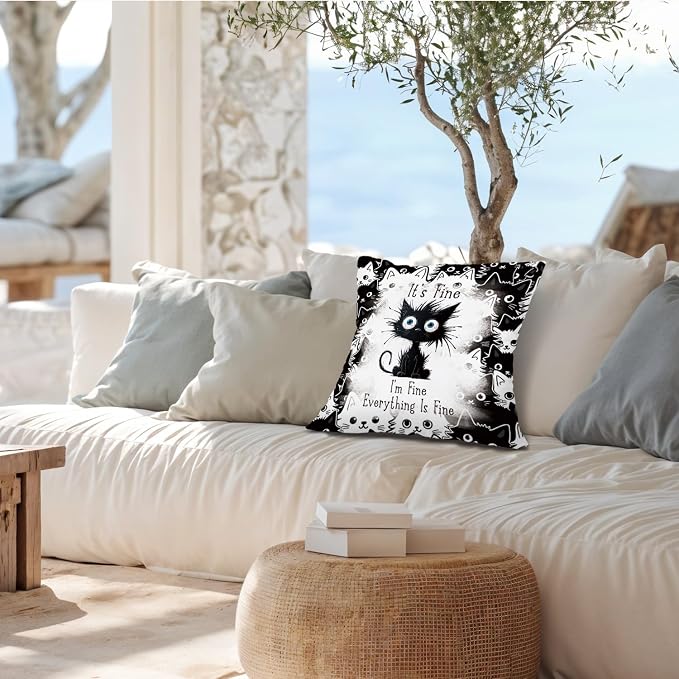 Funny Black Cat Pillow Covers 18x18, Black Cat Decor, It's Fine I'm Fine Everything is Fine Decorative Throw Pillow Covers Pillowcases for Bedroom Living Room Home Decor