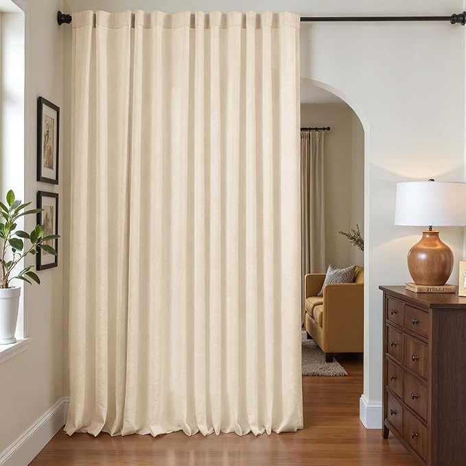 jinchan Lined Linen Curtains Extra Wide Back Tab 100x96 Inch 1 Panel Beige | Light Filtering Curtains with White Privacy Liner, Cottage Core Farmhouse Curtains for Living Room, Rod Pocket 96 Inch Length