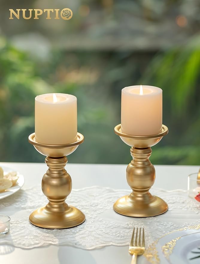 NUPTIO Gold Pillar Candle Holders: Brass Table Centerpiece for 3" Candles