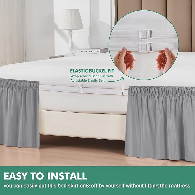 Wrap Around Queen Size Bed Skirt Split Corner 14" Drop-Elastic Dust Ruffle | Silver Grey Adjustable Pleated Bedskirt-Easy Fit Wrinkle Resistant Washable Bed Skirting-Master Guest Bedroom Rental Hotels
