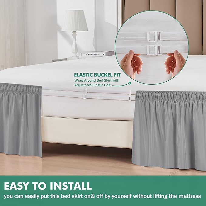 Wrap Around King Size Bed Skirt Split Corner 17" Drop-Elastic Dust Ruffle | Silver Grey Adjustable Pleated Bedskirt-Easy Fit Wrinkle Resistant Washable Bed Skirting-Master Guest Bedroom Couples Hotels
