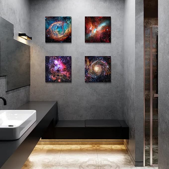 Nebula Galaxy Wall Art Painting Prints on Canvas Wall Decorations Wooden Frames Canvas 24" x 24" x 4 Panels/Set Outer Space Starlight Modern Artwork Pictures Home Wall Decor Cosmic Astronomy Posters