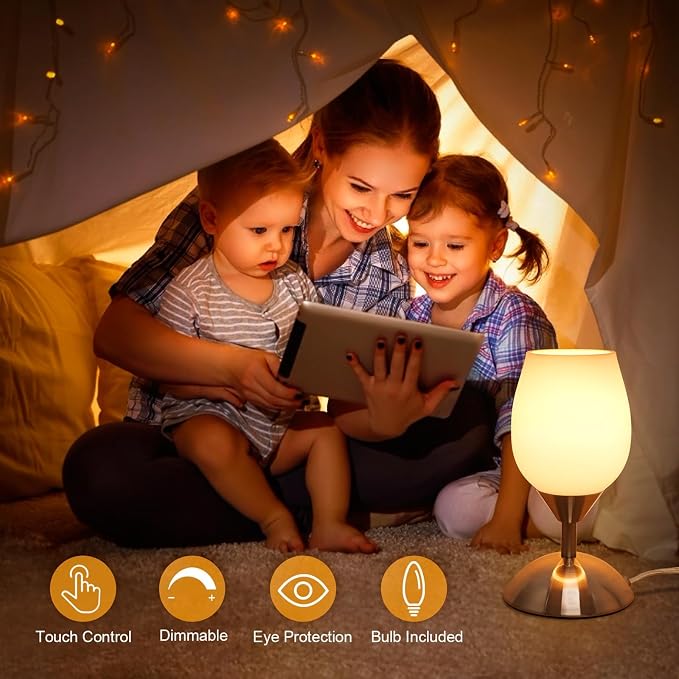 Small Touch Lamp for Bedroom Nightstand, 3-Way Dimmable Bedside Lamps Opal Glass Desk Lamp Silver Base, Tiny Table Lamp for Small Spaces Ambient Lighting for Living Room, E12 Bulb Included