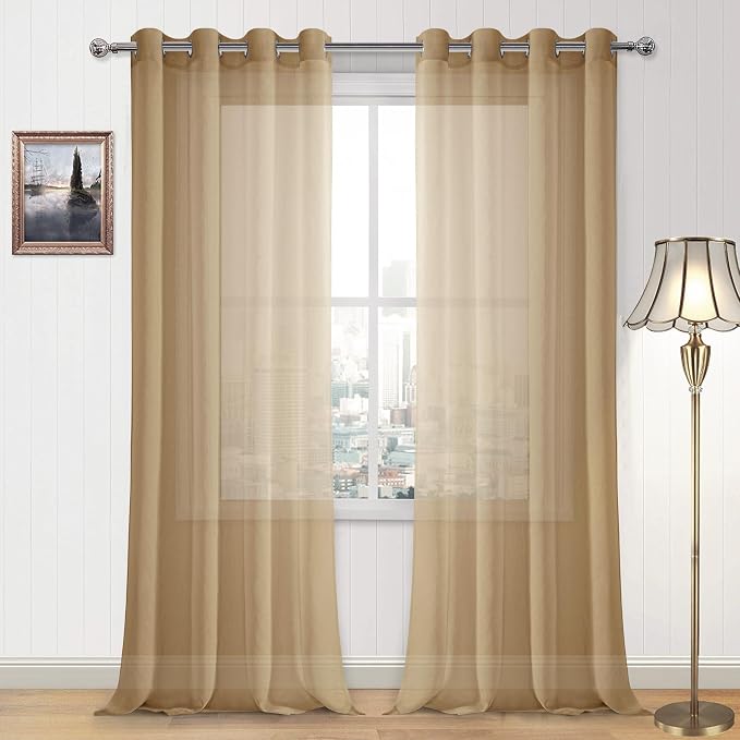 DWCN Taupe Sheer Curtains for Living Room Bedroom - Faux Linen Look Voile Drapes Grommet Top Window Curtain Panel 52 x 108 Inches Long, Set of 2 Panels