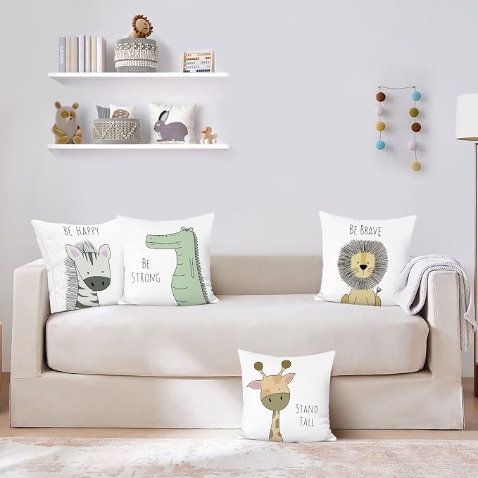 Bonhause Kids Animals Throw Pillow Covers 18x18 Inch Set of 4 Giraffe Lion Zebra Crocodile Pillows Soft Velvet Cushion Covers for Baby Room Kids Bedroom Decor