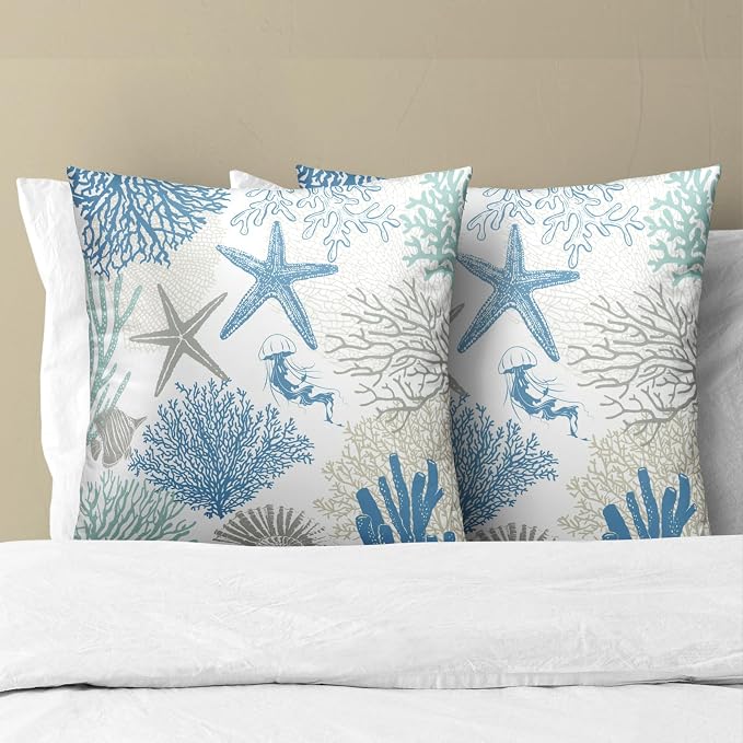 Coastal Nautical Throw Pillow Cover 18x18 inch Set of 2 Beach Themed Sea Coral Nautical Blue Pillowcases Ocean Summer Cotton Cushion Covers for Bed Sofa Room Decor
