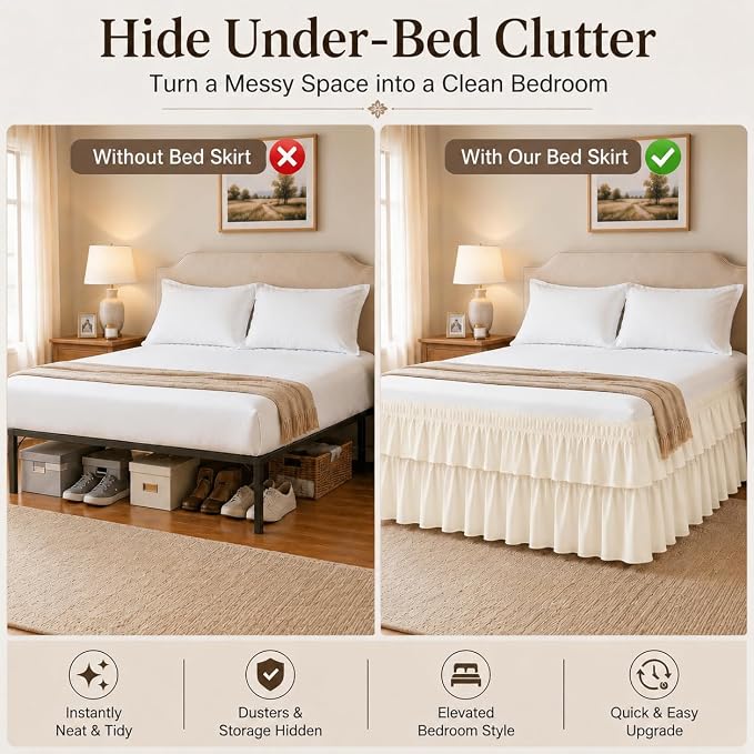Cream Queen Bed Skirt 14 Inch Drop Double Layer Dust Ruffle