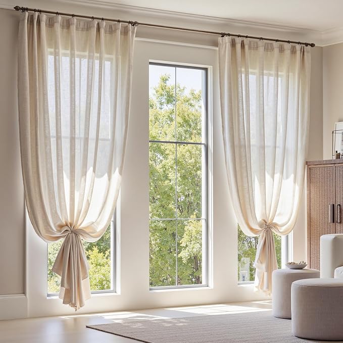 jinchan Linen Curtains Light Filtering Back Tab 50x120 Inch 2 Panels Beige | Semi Sheer Curtains 120 inch length for Bedroom Living Room, Modern Farmhouse Drapes with Rod Pocket, Natural Boho Curtains