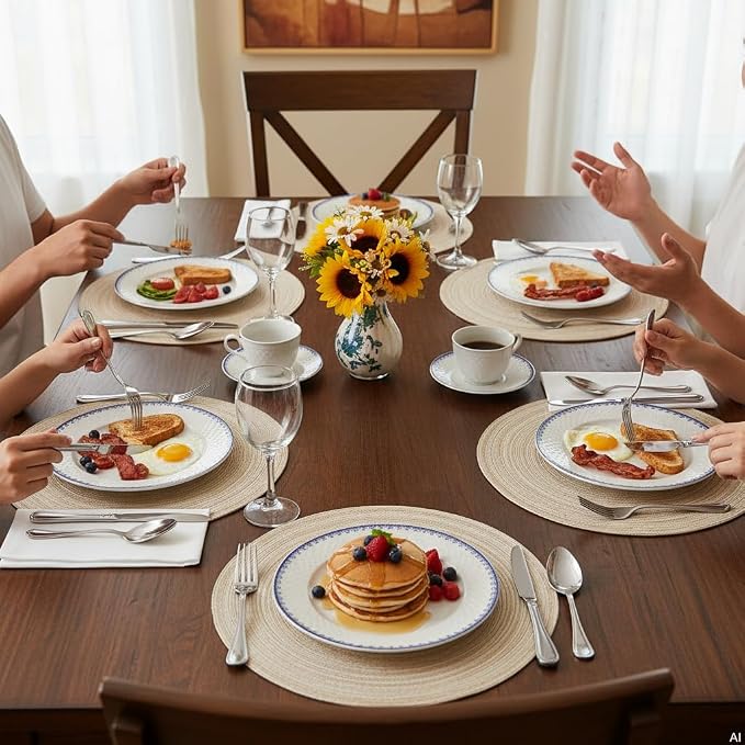 SHACOS 15 inch Round Placemats Set of 6, Cotton Polyester Woven Braided Place Mats, Washable Heat Resistant Circle Table Mats for Dining Table (Beige, 6)
