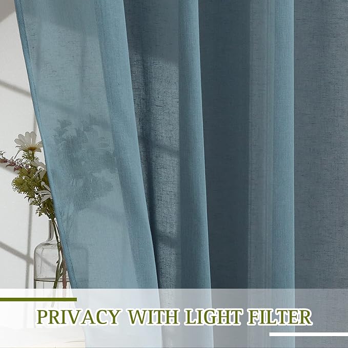 NICETOWN Linen Sheer Curtains for Bedroom, Grommet Semi Sheer Window Drapes Privacy with Light Filtering Casual & Rustic for Bedroom/Farmhouse, Smoke Blue, 2 Panels, W52 x L63