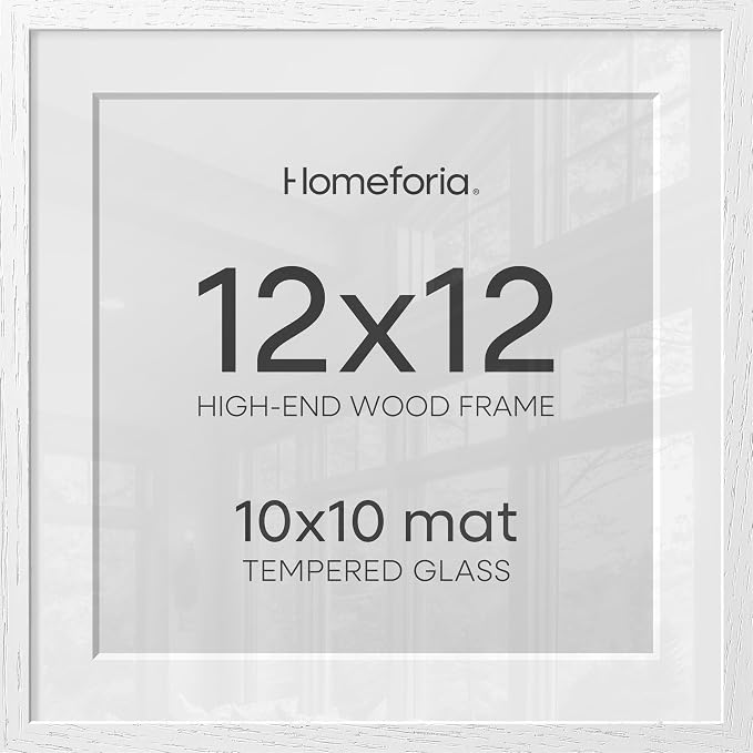 Homeforia 12x12 White Oak Picture Frame, High-End Wood, 10x10 Mat, Glass