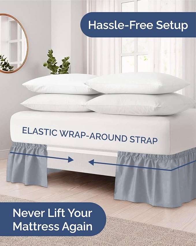 Wrap Around Dust Ruffle Bed Skirt - College Dorm Room - Twin/Twin XL | Steel Blue, 12 Inch Drop, Elastic Strap & Adjustable Pleated Bedskirt, Wrinkle Free, for Women, Men, Students, Kids & Teens