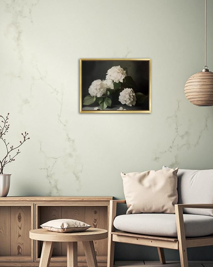AIMAILON Gold Framed,White Hydrangea Blooming Retro Bohemian Style 12x16 | classic plant aesthetics, desktop decoration, easy to hang, versatile style