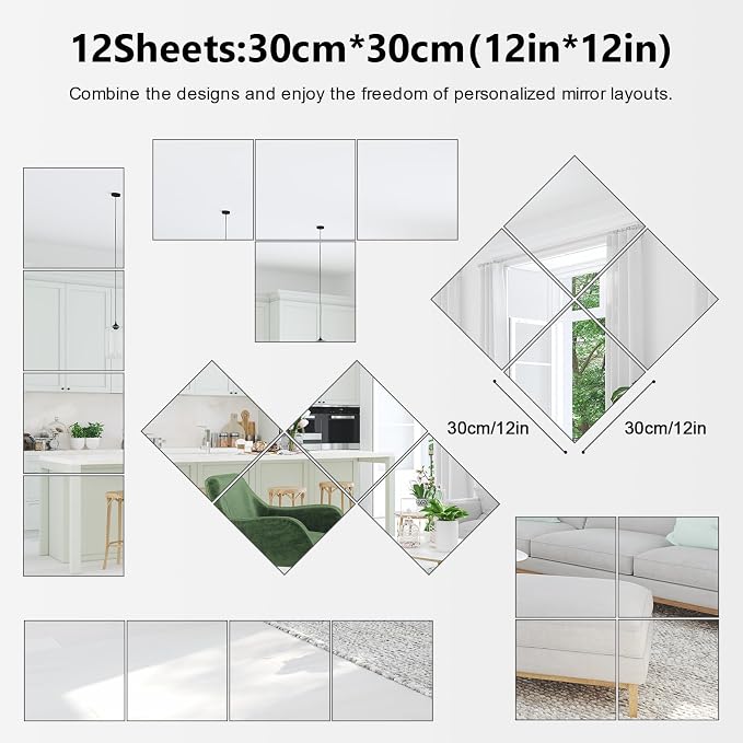 12 piece Set Full Body Mirror, 12 x 12 inch Acrylic Mirror, Shatter Resistant Flexible Plastic Lens, Suitable for bedrooms, Home Gyms, wardrobes, Dormitories
